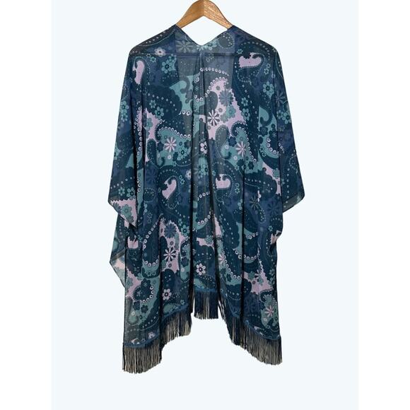 Urban Outfitters Kimono Womens One Size Blue and Purple Floral & Tassel Fringe - Picture 3 of 4